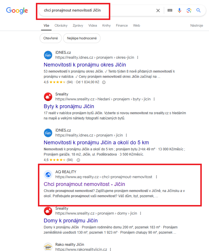Chci pronajmout nemovitost Jicin - Google